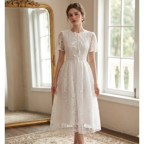 Dazy Dresses & Skirts - Dazy Vintage-Inspired White Lace Midi Dress Size S With Short Sleeves & Bow Acce